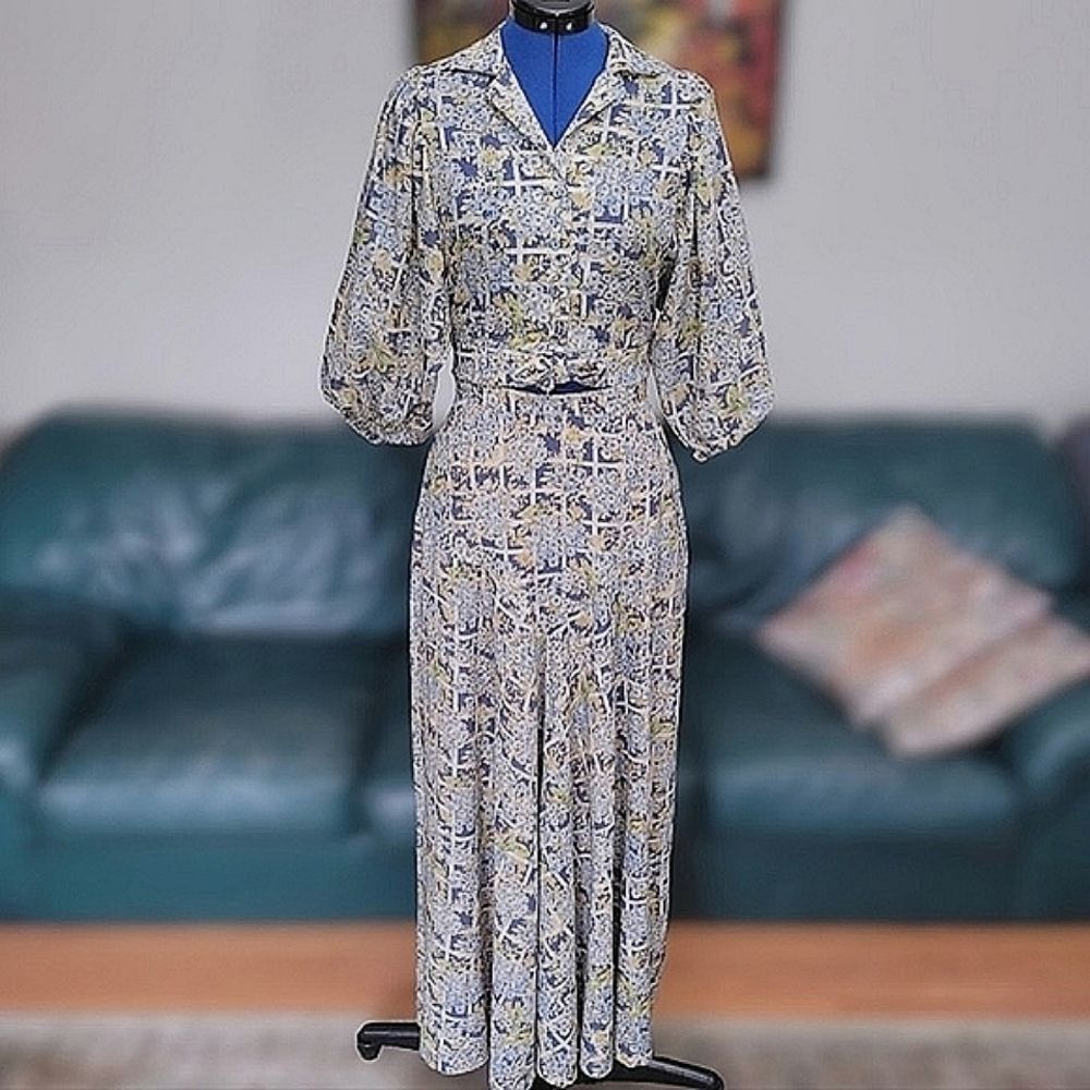 Vtg 70s blue floral print crop blouse & maxi skirt set